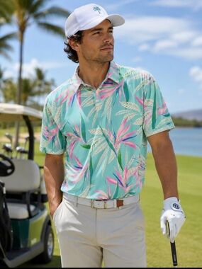 Men's Mint Tropical-Print Golf Polo
